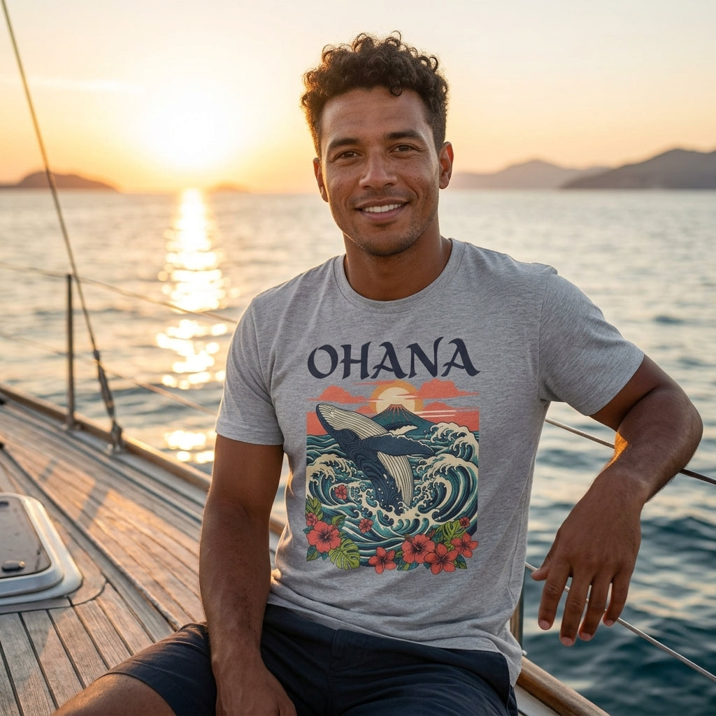 Ohana Whale Tee – Hawaiian Ocean Vintage Sunset T-Shirt
