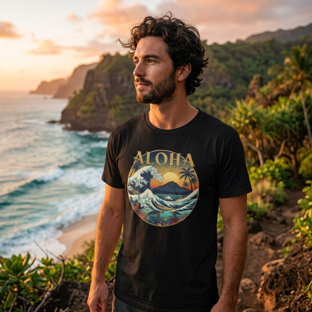 Aloha Vintage Wave T-Shirt – Hawaiian Sunset Surf Graphic Tee