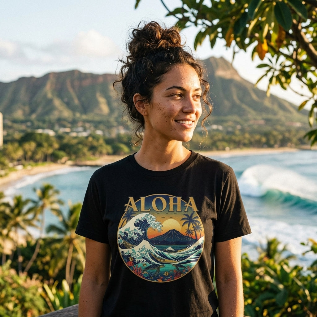 Aloha Vintage Wave T-Shirt – Hawaiian Sunset Surf Graphic Tee