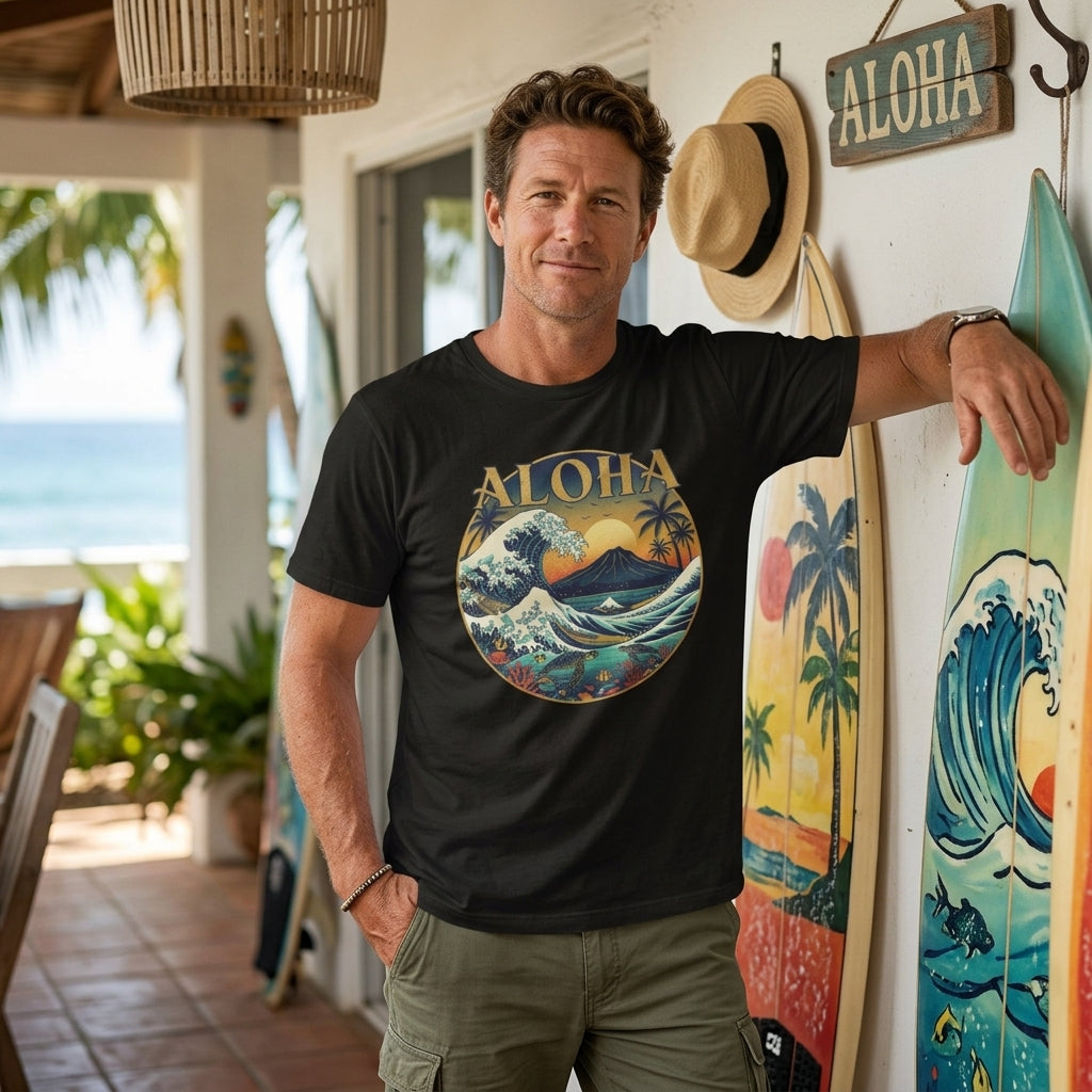 Aloha Vintage Wave T-Shirt – Hawaiian Sunset Surf Graphic Tee
