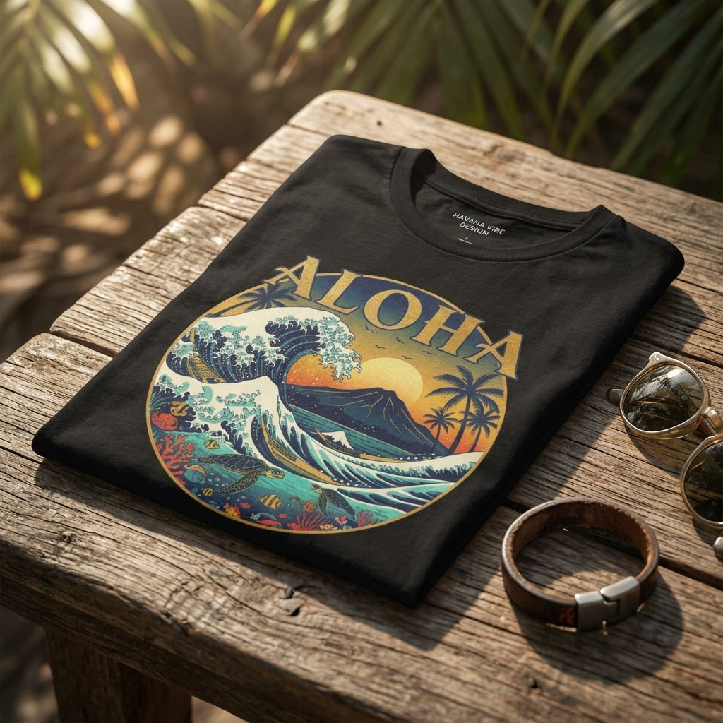 Aloha Vintage Wave T-Shirt – Hawaiian Sunset Surf Graphic Tee