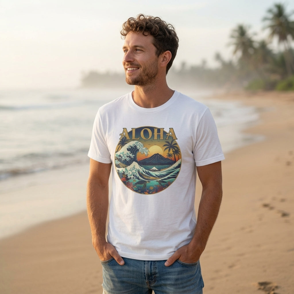 Aloha Vintage Wave T-Shirt – Hawaiian Sunset Surf Graphic Tee