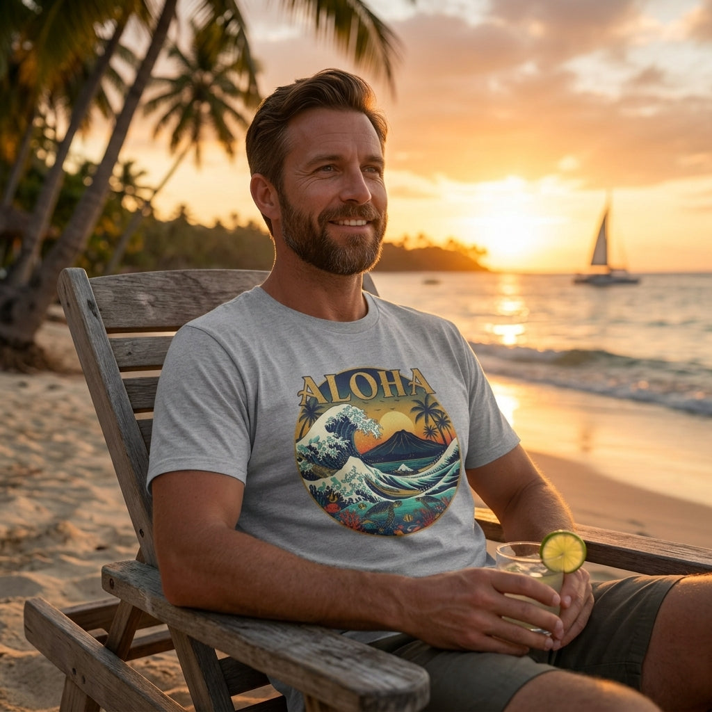 Aloha Vintage Wave T-Shirt – Hawaiian Sunset Surf Graphic Tee