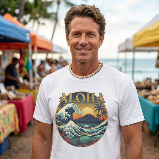 A smiling man wearing a white graphic t-shirt with a colorful 'ALOHA' wave design, standing outdoors at a beach market with stalls and the ocean blurred in the background.