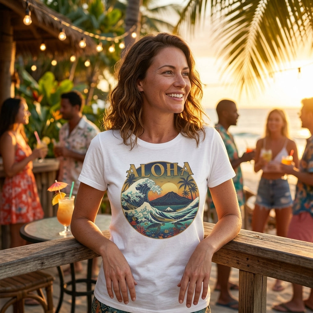 Aloha Vintage Wave T-Shirt – Hawaiian Sunset Surf Graphic Tee