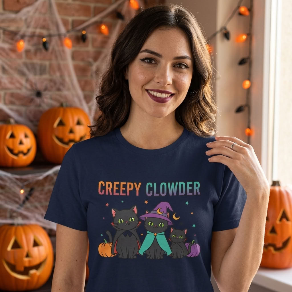 Creepy Clowder Cat T-Shirt | Cute Witch Black Cats Halloween Graphic Tee
