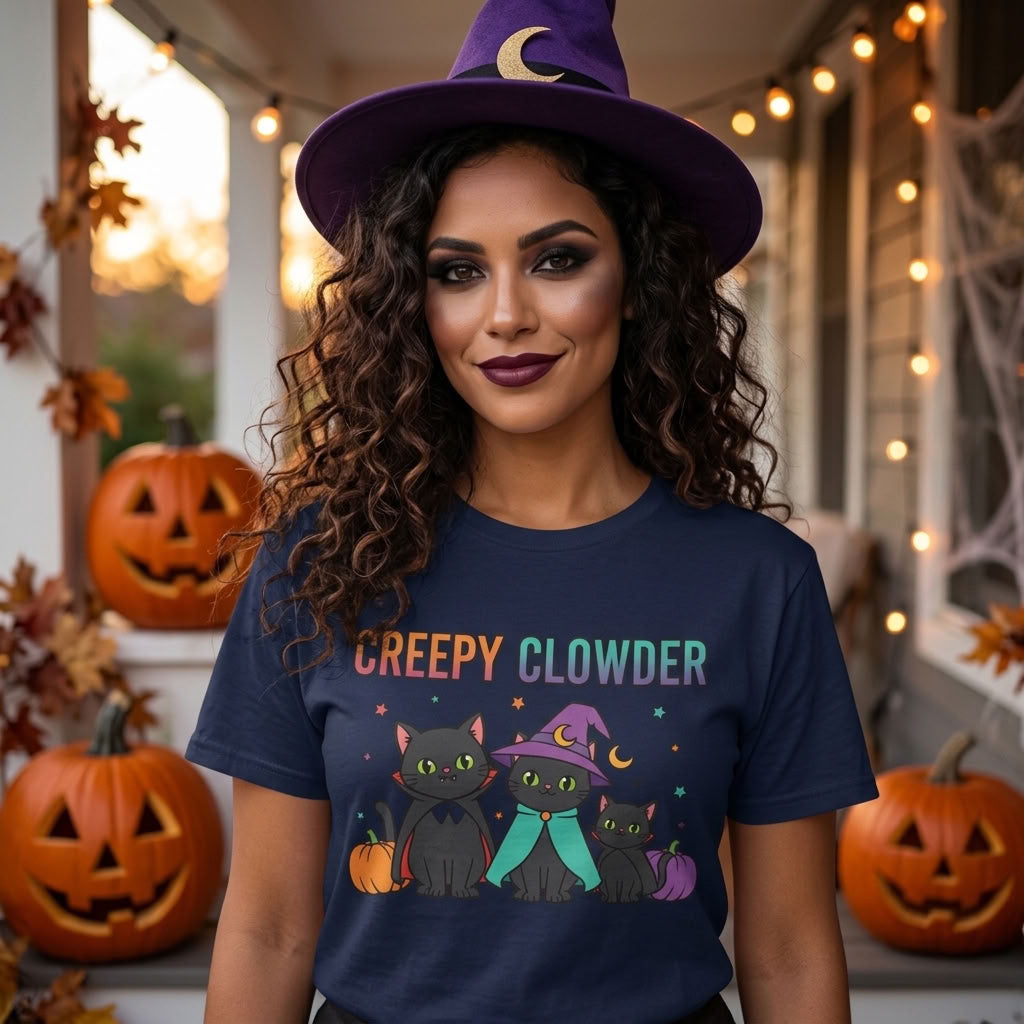 Creepy Clowder Cat T-Shirt | Cute Witch Black Cats Halloween Graphic Tee