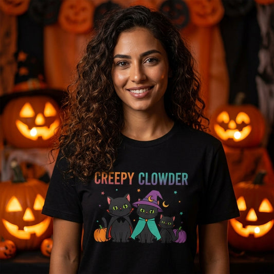 Creepy Clowder Cat T-Shirt | Cute Witch Black Cats Halloween Graphic Tee