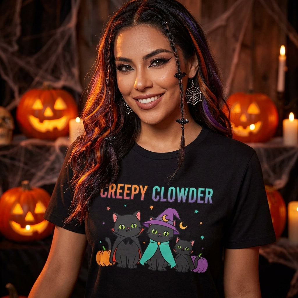 Creepy Clowder Cat T-Shirt | Cute Witch Black Cats Halloween Graphic Tee