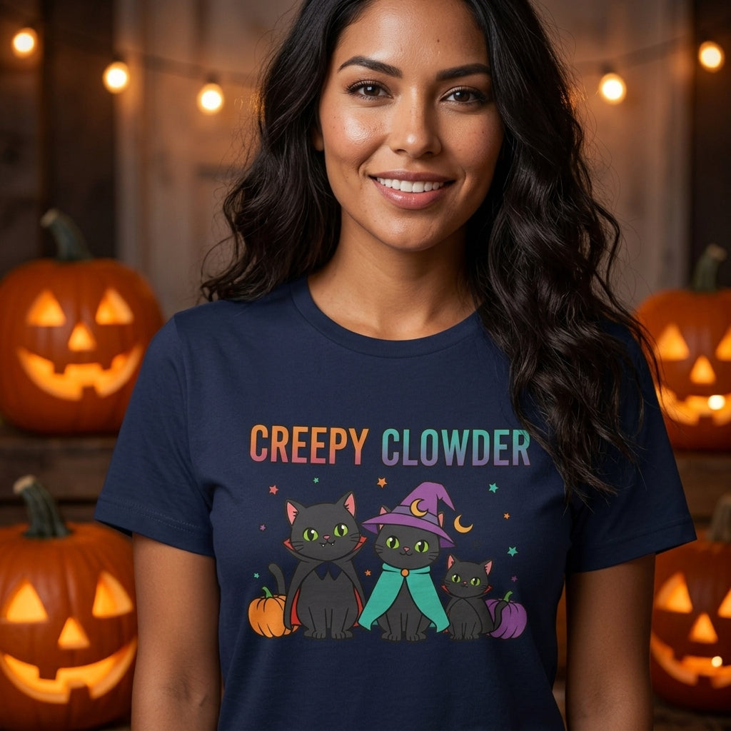 Creepy Clowder Cat T-Shirt | Cute Witch Black Cats Halloween Graphic Tee