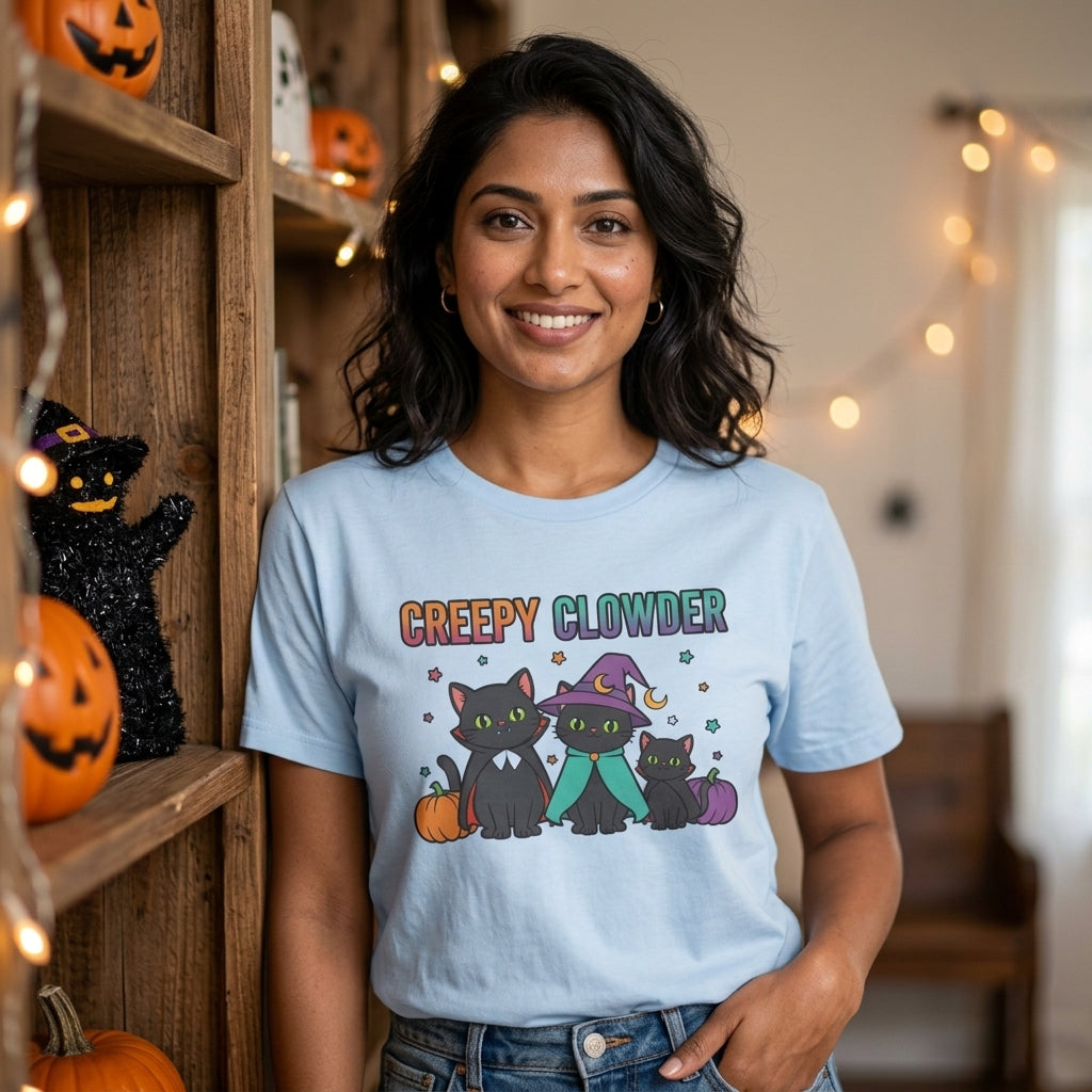 Creepy Clowder Cat T-Shirt | Cute Witch Black Cats Halloween Graphic Tee