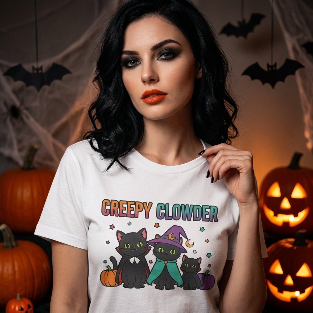 Creepy Clowder Cat T-Shirt | Cute Witch Black Cats Halloween Graphic Tee