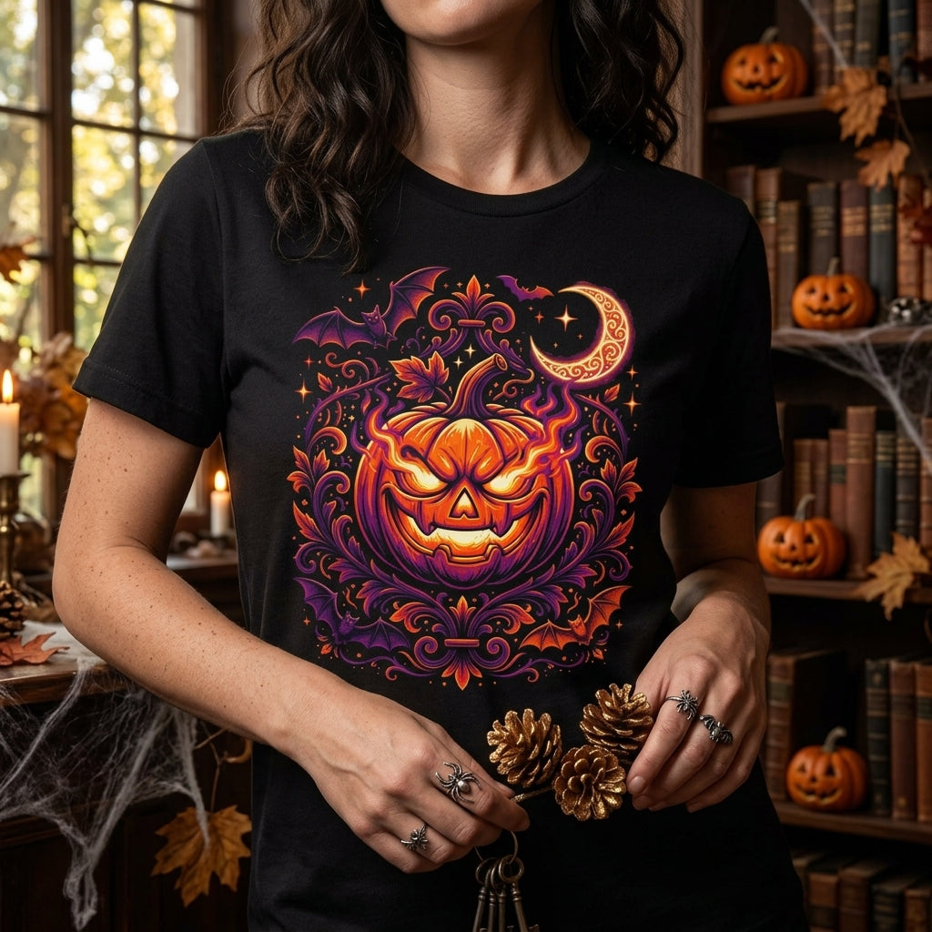 Halloween Pumpkin T-Shirt | Jack-O'-Lantern Vine & Bat Graphic Tee | Spooky Season