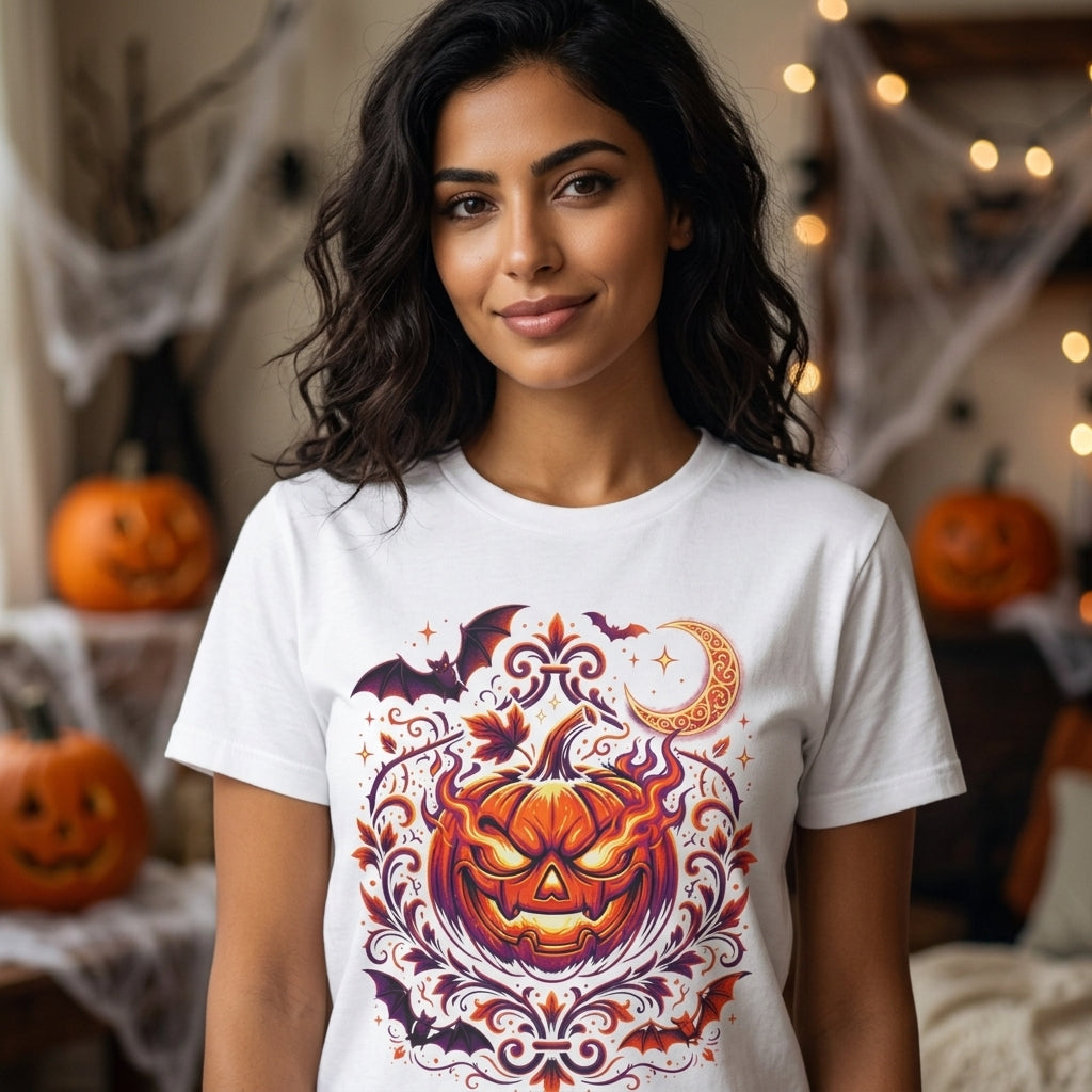 A woman wearing a white graphic t-shirt with a detailed orange and purple Halloween pumpkin design, set against a cozy, softly blurred Halloween-themed background with pumpkins and string lights.