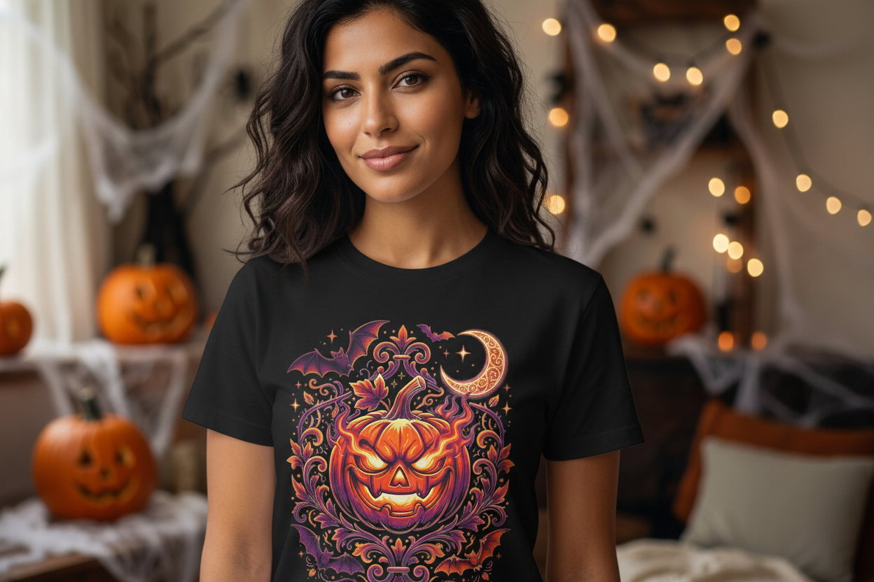 Halloween Pumpkin T-Shirt | Jack-O'-Lantern Vine & Bat Graphic Tee | Spooky Season