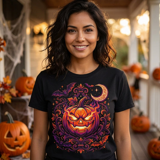 Halloween Pumpkin T-Shirt | Jack-O'-Lantern Vine & Bat Graphic Tee | Spooky Season