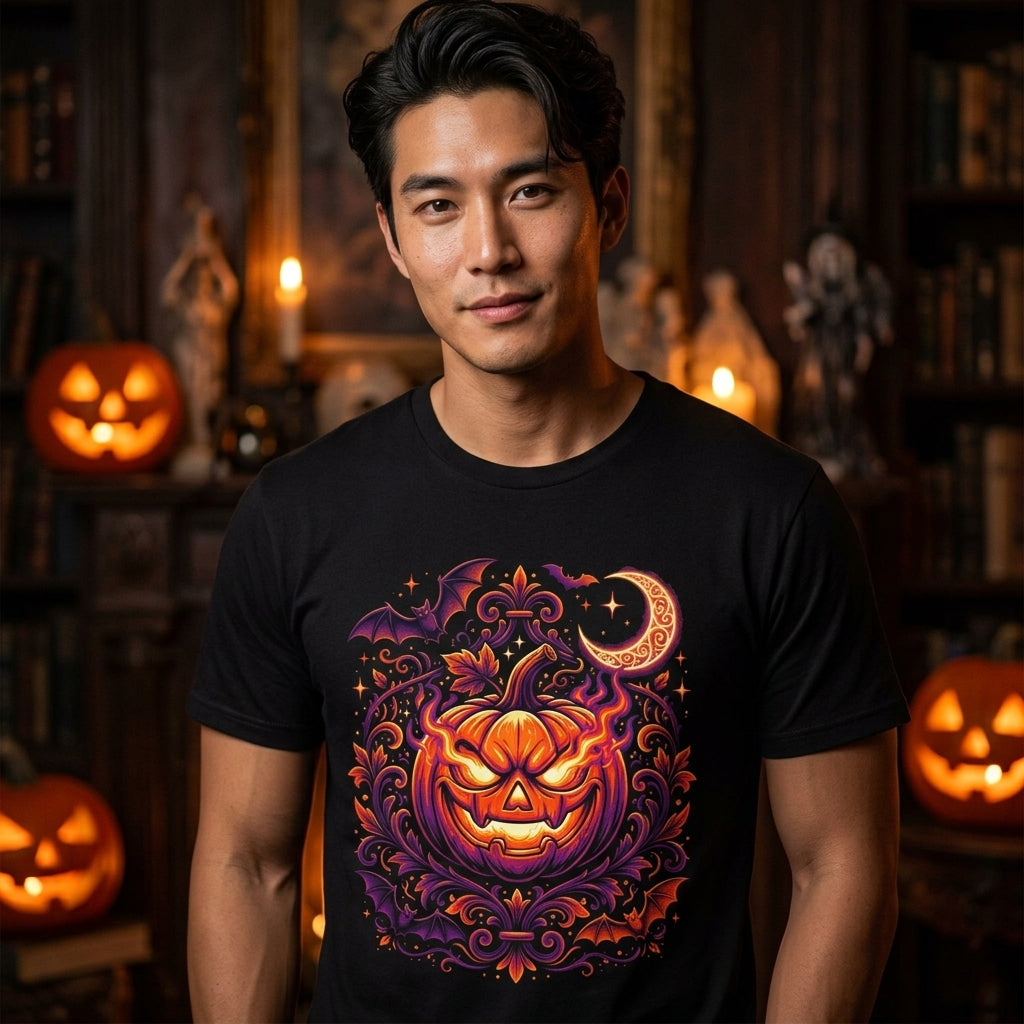 Halloween Pumpkin T-Shirt | Jack-O'-Lantern Vine & Bat Graphic Tee | Spooky Season