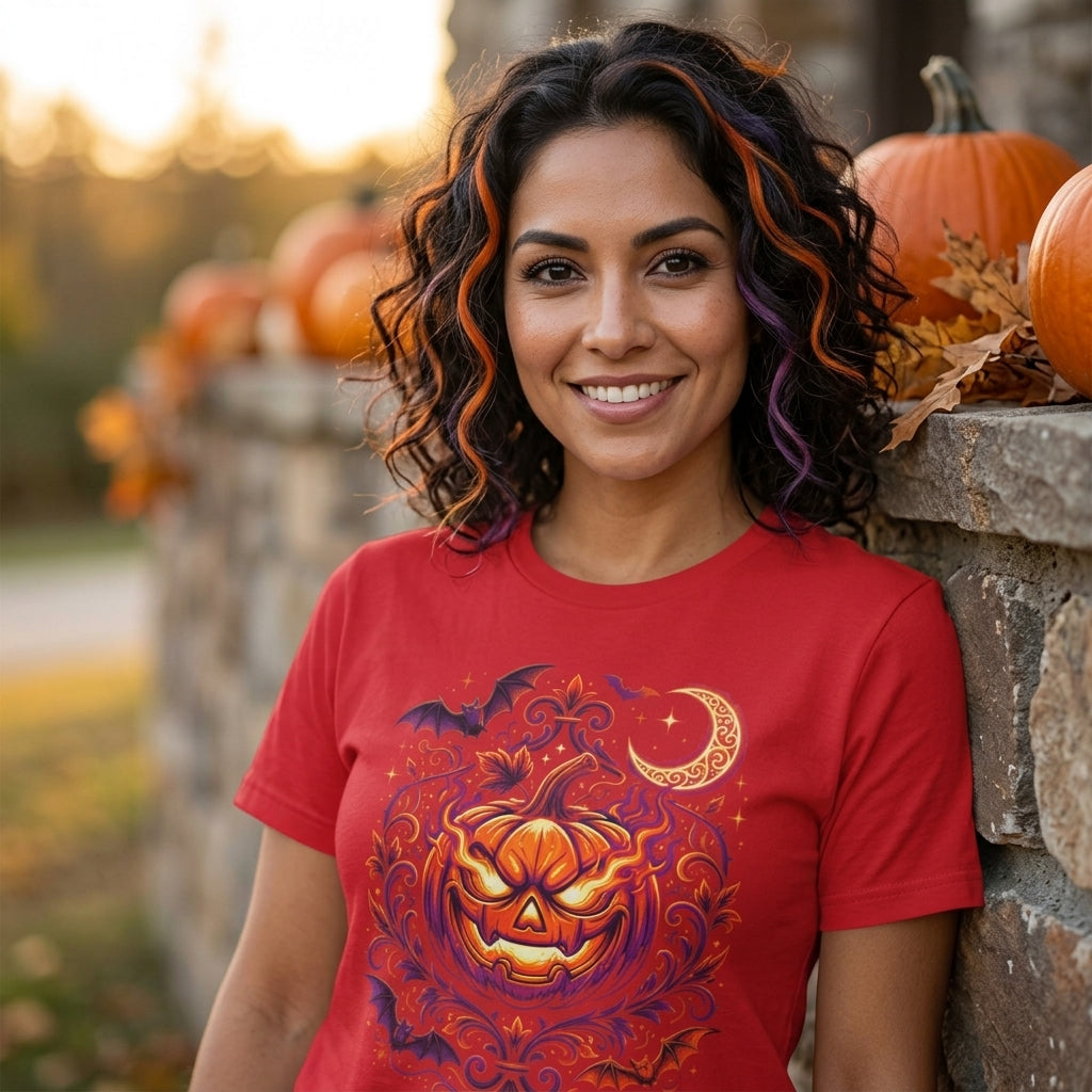 Halloween Pumpkin T-Shirt | Jack-O'-Lantern Vine & Bat Graphic Tee | Spooky Season