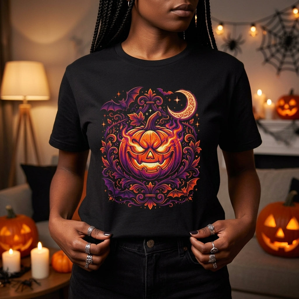 Halloween Pumpkin T-Shirt | Jack-O'-Lantern Vine & Bat Graphic Tee | Spooky Season