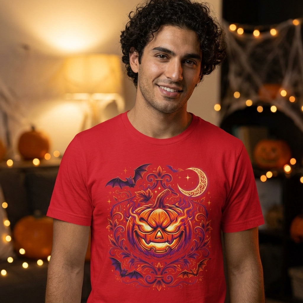 Halloween Pumpkin T-Shirt | Jack-O'-Lantern Vine & Bat Graphic Tee | Spooky Season