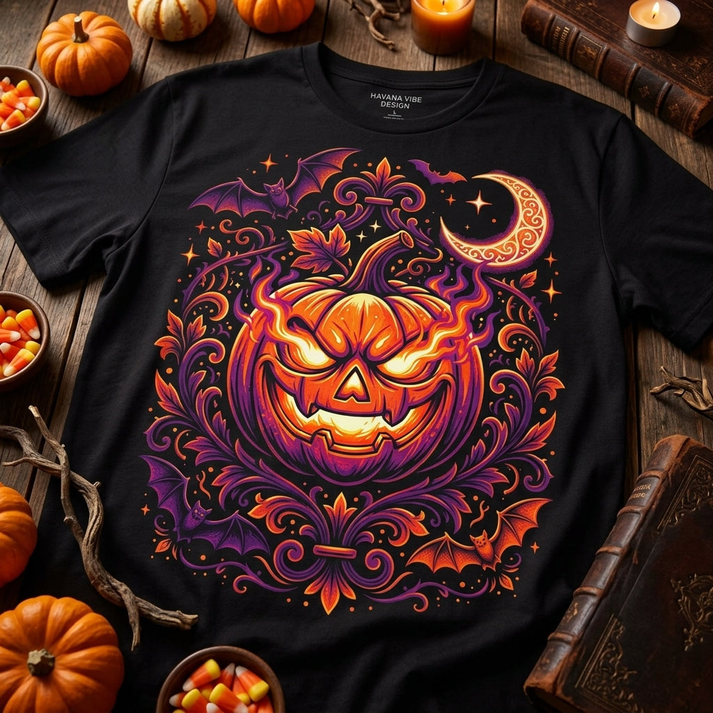 Halloween Pumpkin T-Shirt | Jack-O'-Lantern Vine & Bat Graphic Tee | Spooky Season