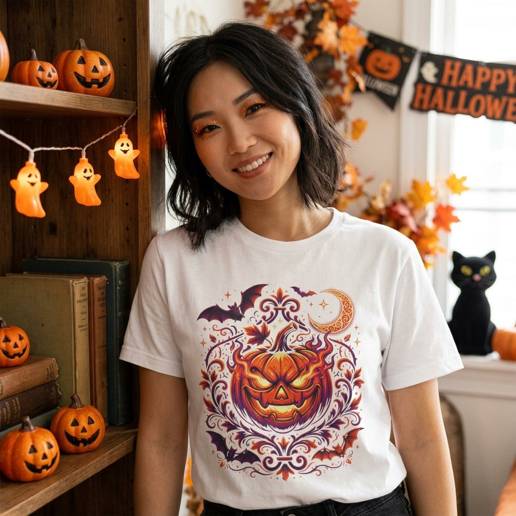 Halloween Pumpkin T-Shirt | Jack-O'-Lantern Vine & Bat Graphic Tee | Spooky Season