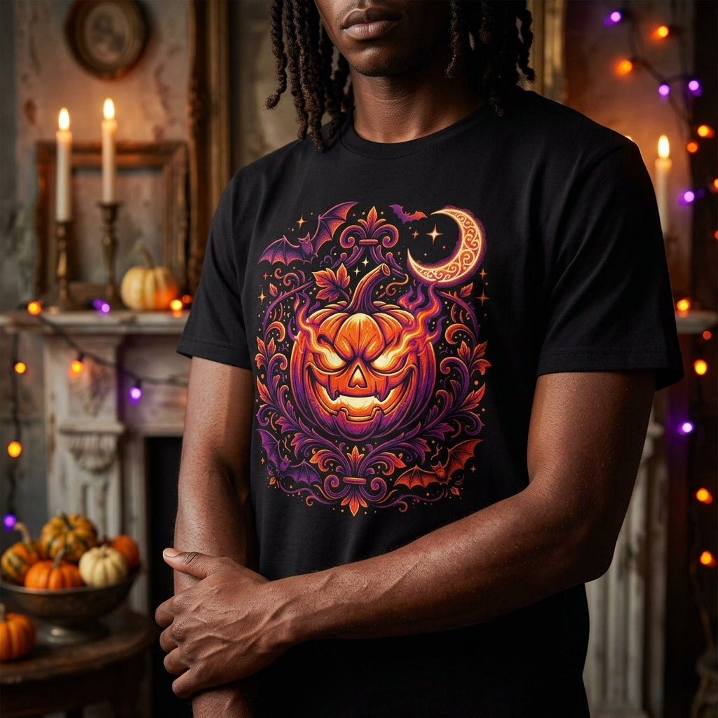 Halloween Pumpkin T-Shirt | Jack-O'-Lantern Vine & Bat Graphic Tee | Spooky Season