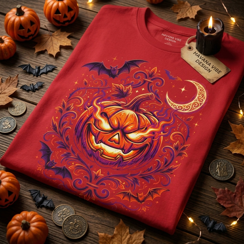 Halloween Pumpkin T-Shirt | Jack-O'-Lantern Vine & Bat Graphic Tee | Spooky Season
