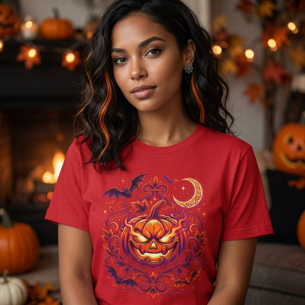 Halloween Pumpkin T-Shirt | Jack-O'-Lantern Vine & Bat Graphic Tee | Spooky Season