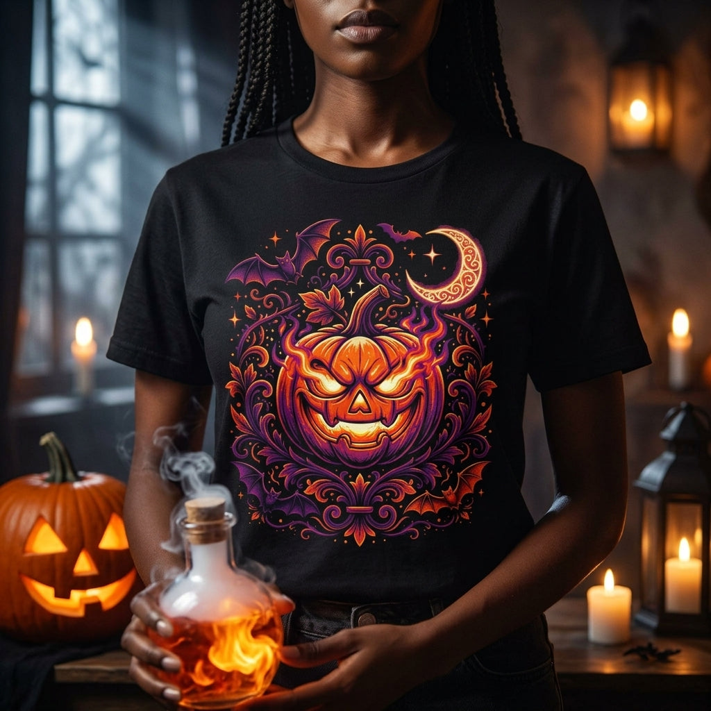 Halloween Pumpkin T-Shirt | Jack-O'-Lantern Vine & Bat Graphic Tee | Spooky Season