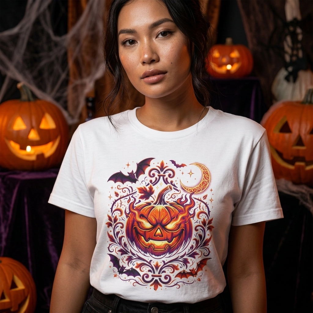 Halloween Pumpkin T-Shirt | Jack-O'-Lantern Vine & Bat Graphic Tee | Spooky Season