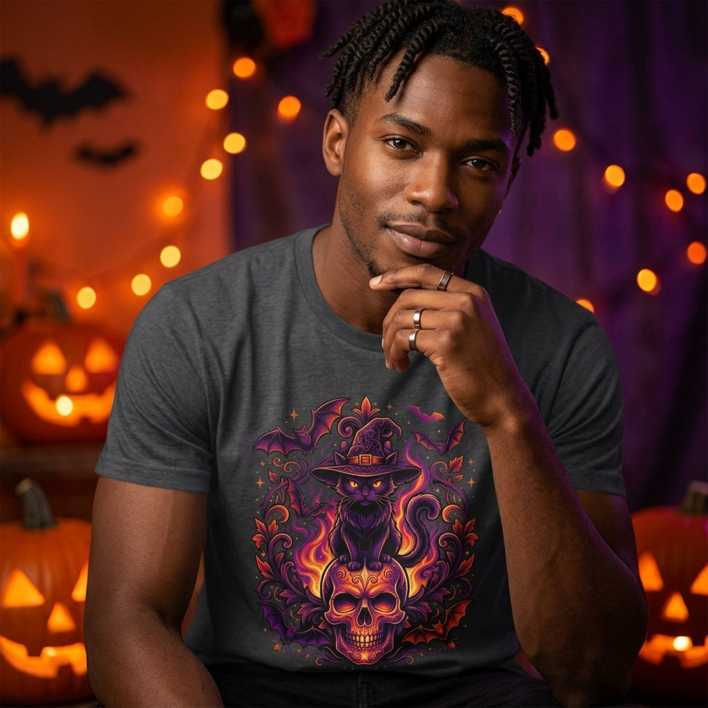 Witch Cat Halloween T-Shirt | Purple & Orange Spooky Cat Graphic Tee