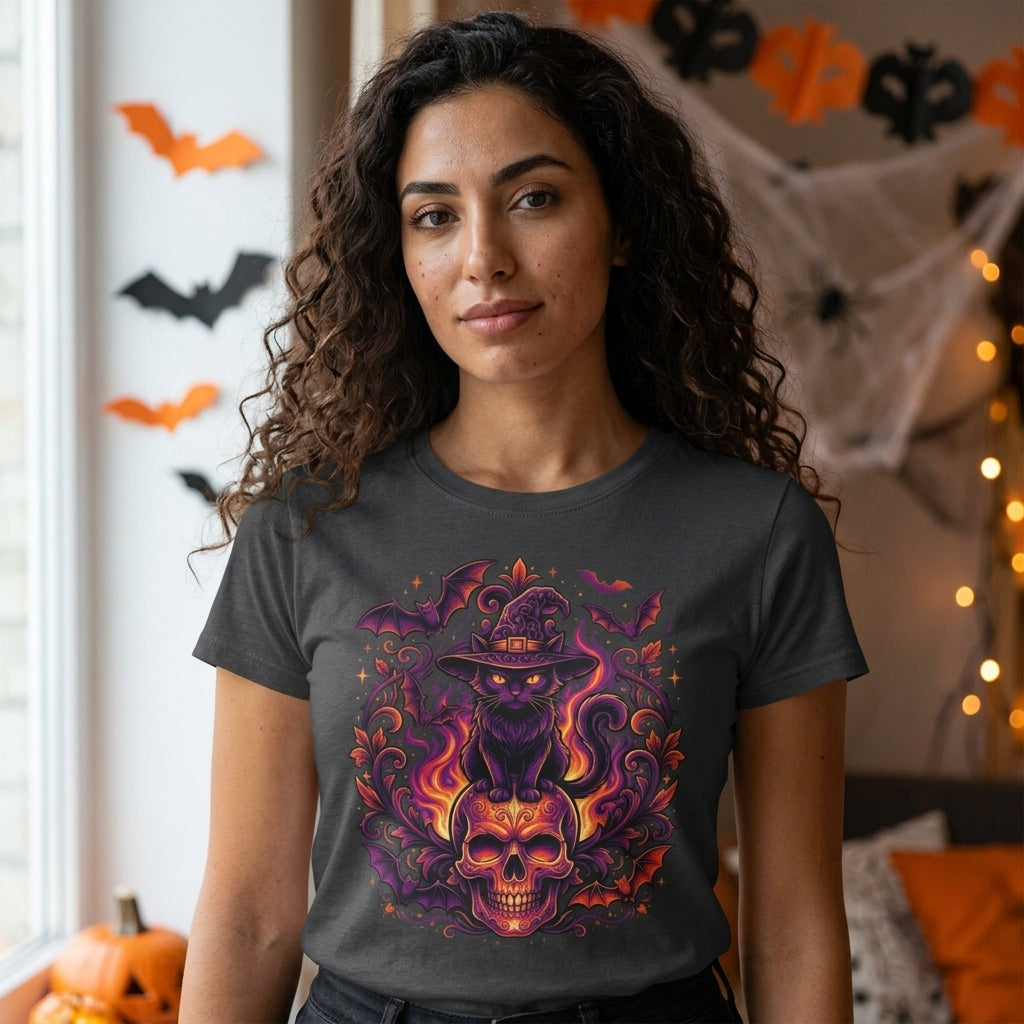 Witch Cat Halloween T-Shirt | Purple & Orange Spooky Cat Graphic Tee