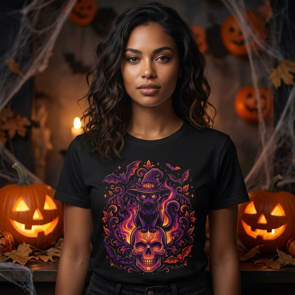 Witch Cat Halloween T-Shirt | Purple & Orange Spooky Cat Graphic Tee