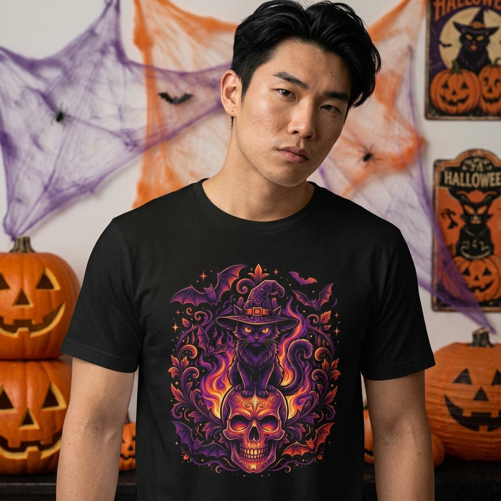Witch Cat Halloween T-Shirt | Purple & Orange Spooky Cat Graphic Tee