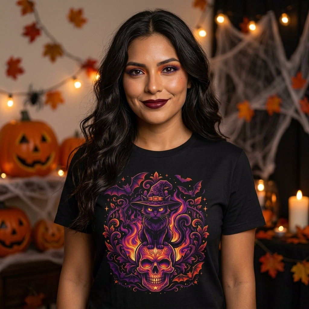 Witch Cat Halloween T-Shirt | Purple & Orange Spooky Cat Graphic Tee