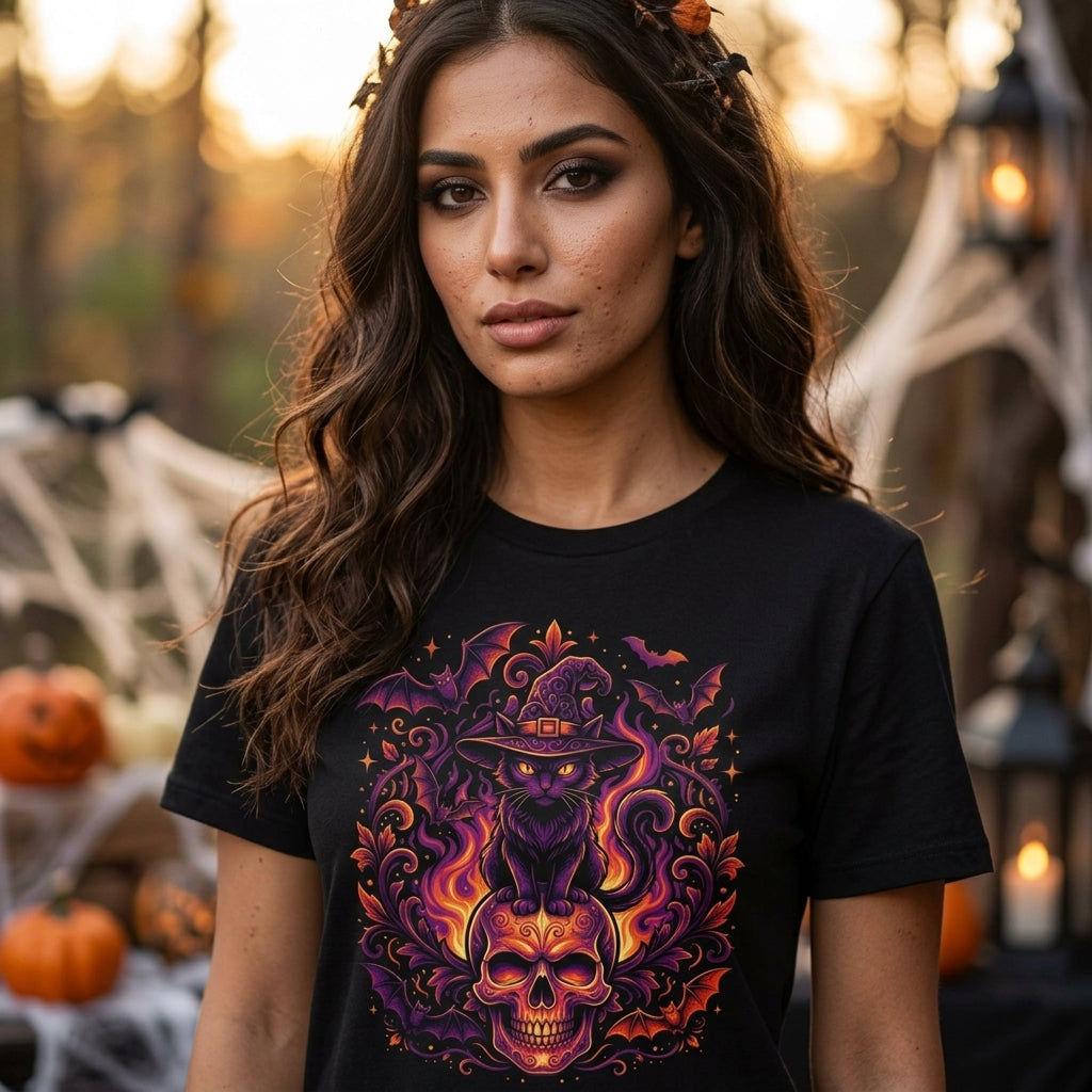 Witch Cat Halloween T-Shirt | Purple & Orange Spooky Cat Graphic Tee