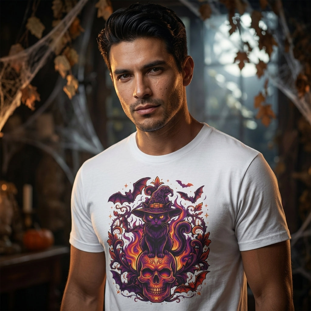 Witch Cat Halloween T-Shirt | Purple & Orange Spooky Cat Graphic Tee