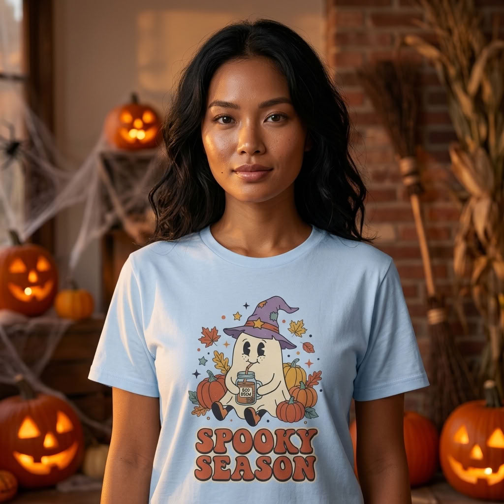 Spooky Season Ghost T-Shirt | Cute Ghost in Witch Hat with Pumpkins & Falling Leaves