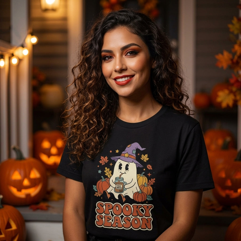 Spooky Season Ghost T-Shirt | Cute Ghost in Witch Hat with Pumpkins & Falling Leaves