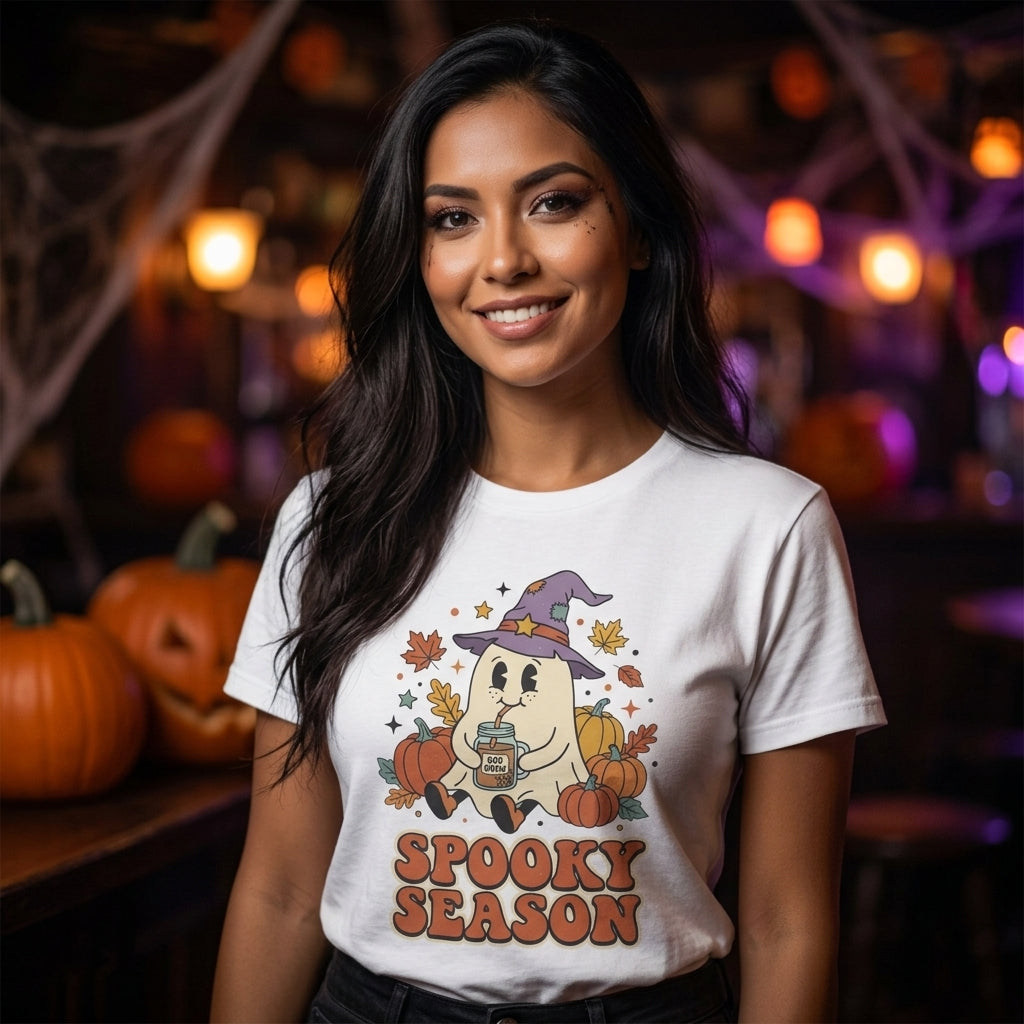 Spooky Season Ghost T-Shirt | Cute Ghost in Witch Hat with Pumpkins & Falling Leaves