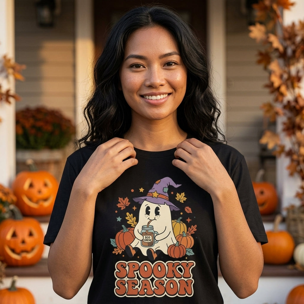 Spooky Season Ghost T-Shirt | Cute Ghost in Witch Hat with Pumpkins & Falling Leaves