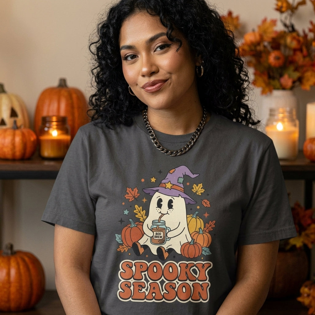 Spooky Season Ghost T-Shirt | Cute Ghost in Witch Hat with Pumpkins & Falling Leaves