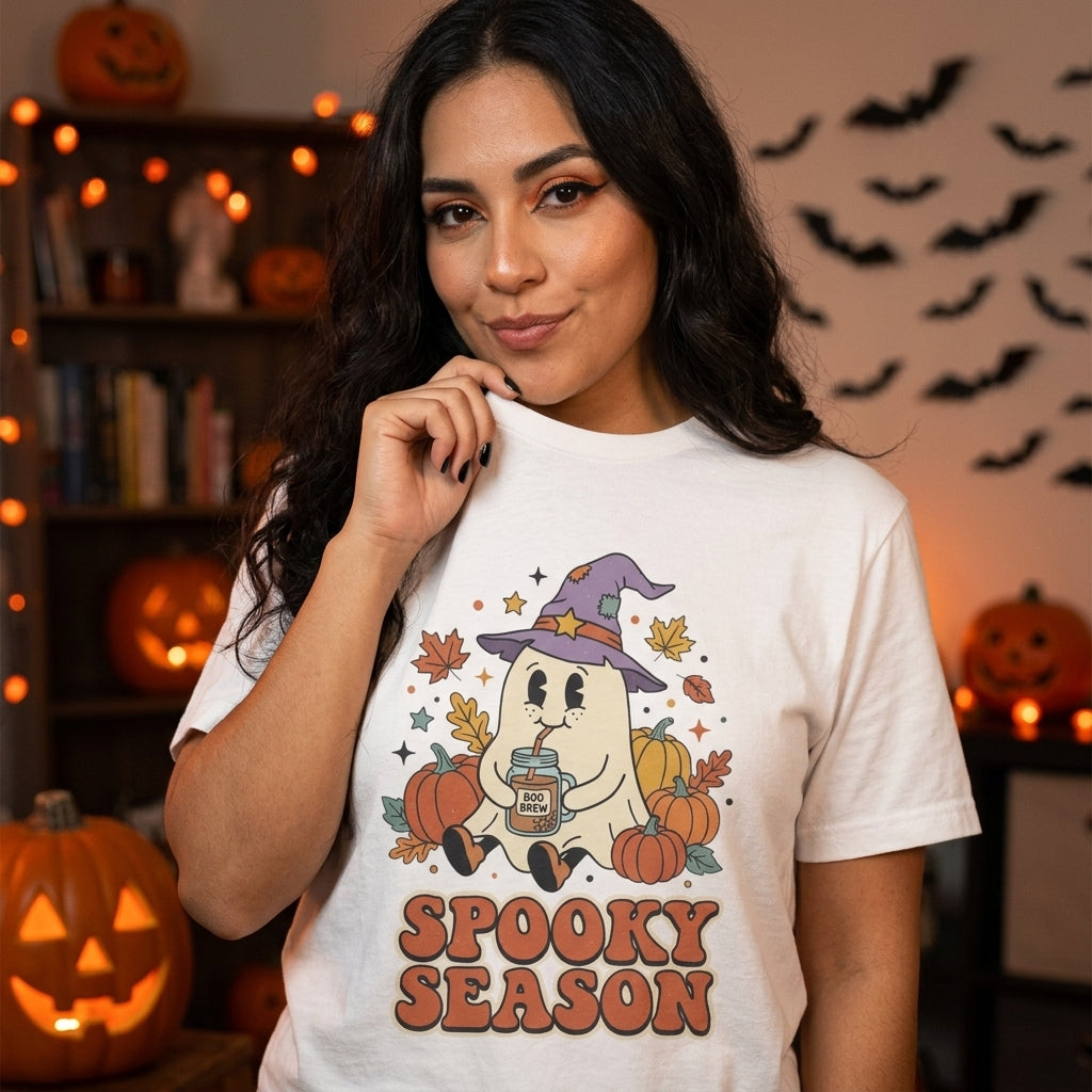 Spooky Season Ghost T-Shirt | Cute Ghost in Witch Hat with Pumpkins & Falling Leaves