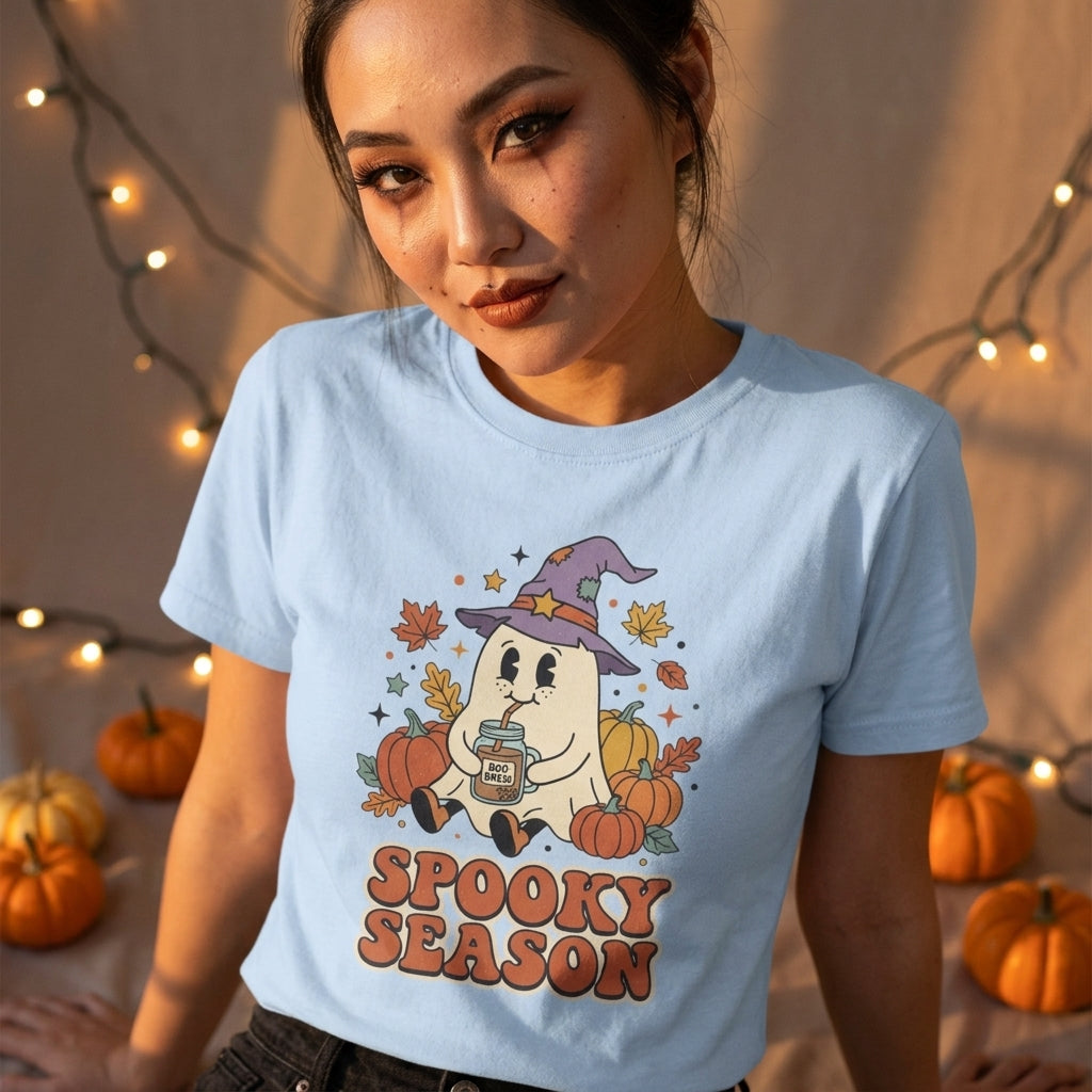 Spooky Season Ghost T-Shirt | Cute Ghost in Witch Hat with Pumpkins & Falling Leaves