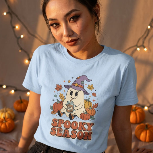 Spooky Season Ghost T-Shirt | Cute Ghost in Witch Hat with Pumpkins & Falling Leaves