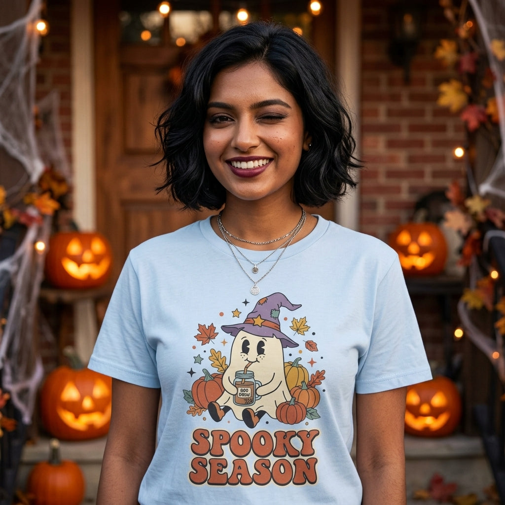 Spooky Season Ghost T-Shirt | Cute Ghost in Witch Hat with Pumpkins & Falling Leaves