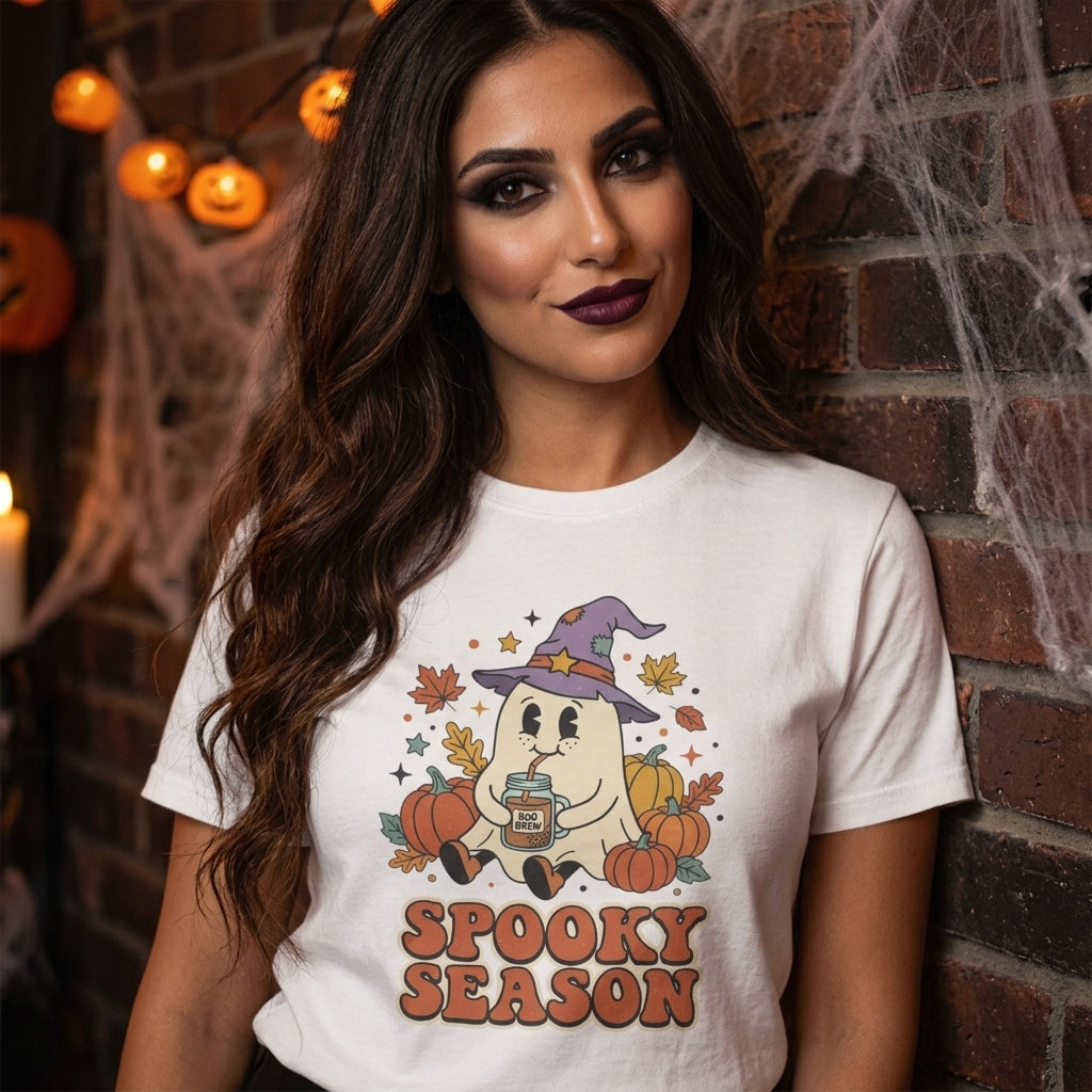 Spooky Season Ghost T-Shirt | Cute Ghost in Witch Hat with Pumpkins & Falling Leaves