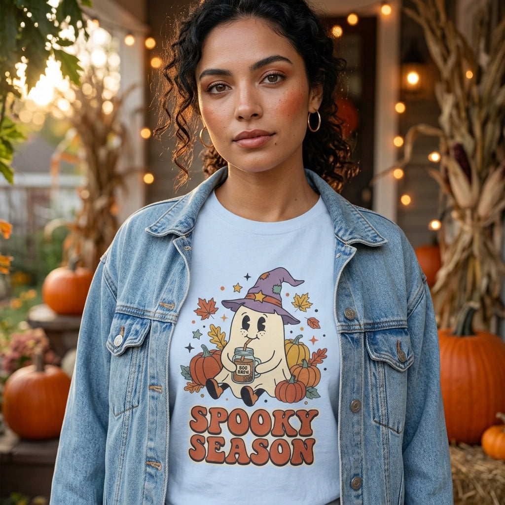 Spooky Season Ghost T-Shirt | Cute Ghost in Witch Hat with Pumpkins & Falling Leaves