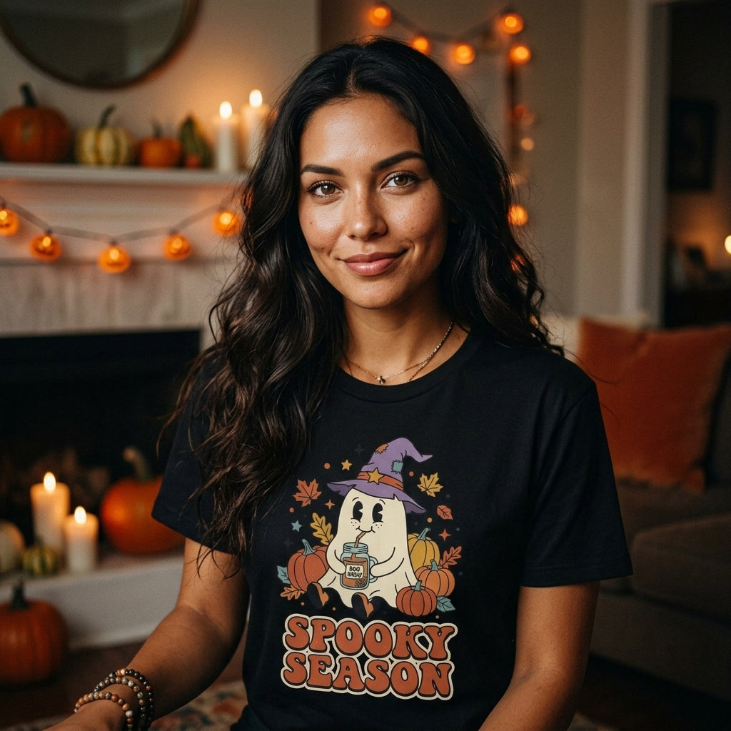 Spooky Season Ghost T-Shirt | Cute Ghost in Witch Hat with Pumpkins & Falling Leaves
